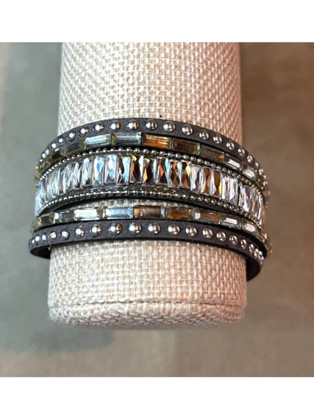 Boho Gray Faux Suede Crystal Layered Cuff Bracelet